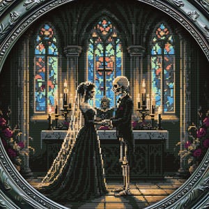 Gothic Wedding Cross Stitch Pattern Halloween Valentine's Day Skull Creepy Spooky The Lovers Bride And Groom