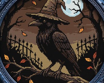 Patrón de punto de cruz de cuervo brujo con luna, regalo para Halloween, horror, cuervo, moderno, espeluznante, otoño, animal, cuervo, bruja, XStitch