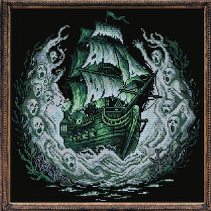 May include: A framed cross-stitch depicting a ghostly green ship sailing through turbulent waters, surrounded by spectral figures and skulls. The artwork is set against a black background and framed in a dark wood.