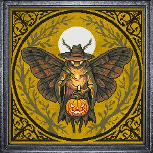 Jack O'Lantern Moth Man Cross Stitch Pattern Gift for Halloween Death's-head Hawk Easy Spooky Witchy Xstitch