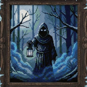 May include: Cross-stitch artwork in a wooden frame depicting a hooded figure holding a lantern in a moonlit forest. The color palette is primarily blues and greens, with a touch of white for the moon and snow.