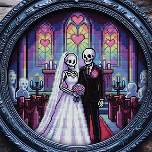 May include: A framed pixel art depicting a skeleton couple's wedding in a church. The bride wears a white dress and veil, holding a bouquet. The groom wears a black suit. The background features stained glass windows with heart designs and lit candles. The frame is black and ornate.