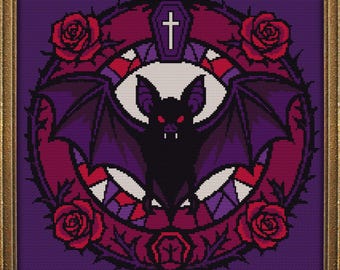 Patrón de punto de cruz de murciélago gótico: Drácula de Halloween, rosas rojas (patrón PDF)