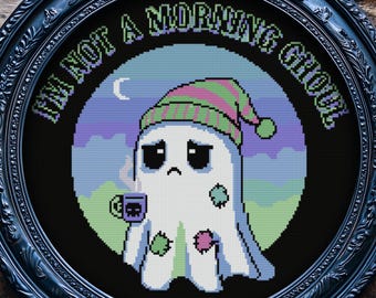 Inte ett morgonspöke korsstygnsmönster Halloween Goth Sarkastisk Rolig Modern Nyckfull Söt Mysig Kaffespöke Enkel Xstitch Direktnedladdning