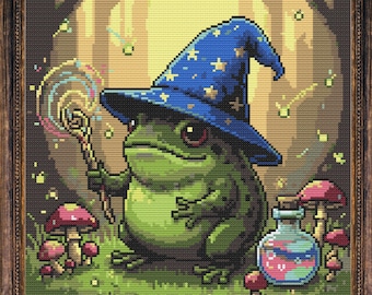 Wizzard Frog Cross Stitch Pattern Spooky Halloween Decor Gothic Witchy Whimsical Modern Creepy Magician Frog PDF xstitch