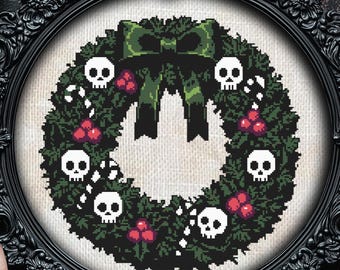 Christmas Wreath Cross Stitch Pattern Gift for Halloween Yule Xmas Witchcraft Skull Spooky Creepmas