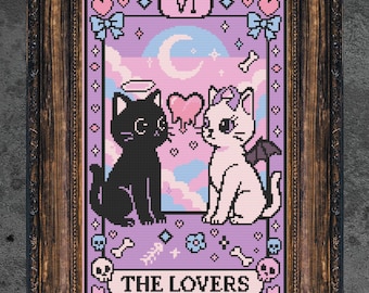 Cat Lovers Tarot Card Cross Stitch Pattern: Gothic Kawaii, The Lovers (Digital Download)