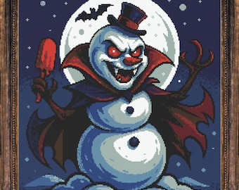 Vampire Snowman Cross Stitch Pattern Gift for Halloween Whimsical Funny Spooky Gothic Modern Instant Download