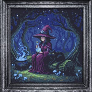 May include: A framed pixel art print of a witch in a purple dress and hat, holding a potion bottle in a moonlit forest. A black cat sits beside her on a log. A cauldron bubbles with blue smoke. The artwork is framed in a silver-colored frame.