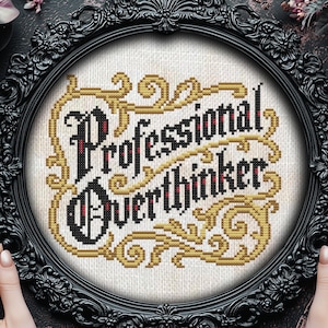 Puede incluir: Un marco de fotos ovalado negro y ornamentado contiene un diseño de punto de cruz. El diseño presenta las palabras "Professional Overthinker" en letras negras y rojas, con adornos dorados. El marco está sostenido por dos manos.