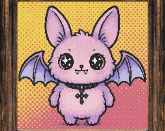 Patrón de punto de cruz de conejo gótico pastel, arte pop gótico, murciélago divertido, regalo de Halloween espeluznante, vampiro caprichoso, moderno, Xstitch, descarga instantánea
