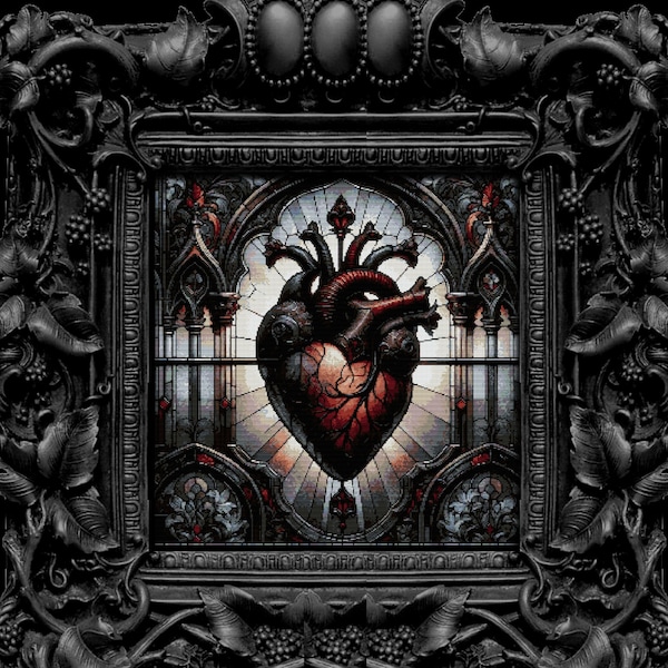 Stained Glass Gothic Heart Cross Stitch Pattern Halloween Horror Sacred Heart Occult Witchcraft Creepy Anatomy Instant Download