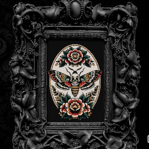May include: A black and white cross stitch pattern of a moth with a skull and crossbones on its body. The moth is surrounded by red, white and green flowers.