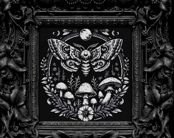 Moth with Mushrooms Cross Stitch Pattern Gift for Halloween Horror Witchcraft Creepy Spooky Dark Full Moon Wiccan Occult Gothic