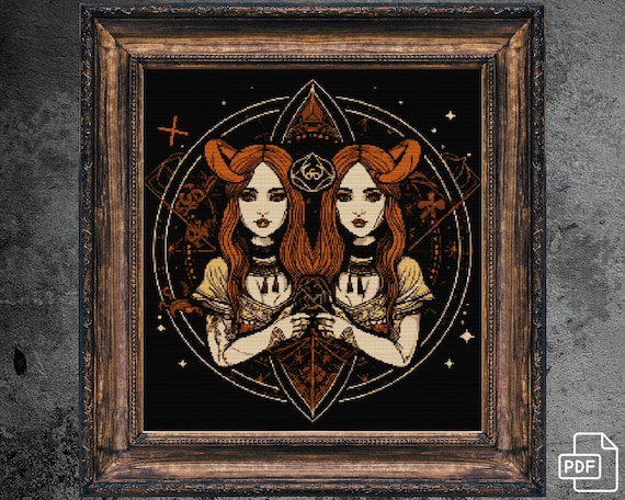 Gemini Horoscope  Cross Stitch Pattern  Halloween Horror  Witchccraft Creepy Gothic Instant Download Digital PDF