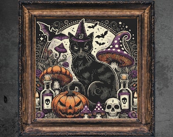 Padrão de Ponto Cruz de Gato Bruxo, Design Gótico de Halloween (Padrão em PDF)