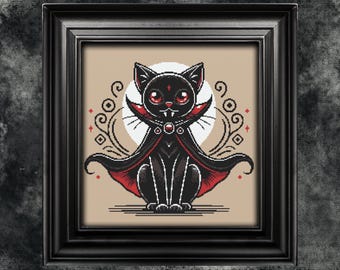 Patrón de punto de cruz de gato vampiro, diseño gótico de Halloween (patrón en PDF)