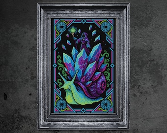 Crystal Snail Cross Stitch Pattern Gothic Fantasy Grim Reaper Spooky Halloween Gift Whimsical Funny Snail Modern Xstitch Instant Download