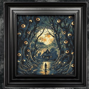 Peut inclure: Une scène de forêt sombre et inquiétante avec une maison au loin. Les arbres sont recouverts d'yeux, créant une atmosphère effrayante et troublante. La lune est pleine et brillante, projetant une lueur menaçante sur la scène.