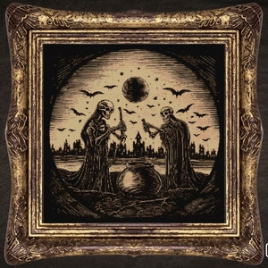 Skeleton Witch Cauldron Cross Stitch Pattern, Gothic Occult Xstitch (PDF Pattern)