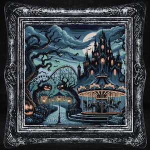Horror Carnival Cross Stitch Pattern Witchy Spooky Gothic Goth Occult Halloween Creepy Dark Horror  Haunted Carousel Amusement Park