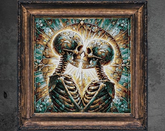 May include: A framed artwork featuring two skeletons in a loving embrace, their skulls touching. The artwork has a stained-glass style with teal, gold, and brown hues. The frame is a dark, ornate wood. The overall theme is gothic romance.