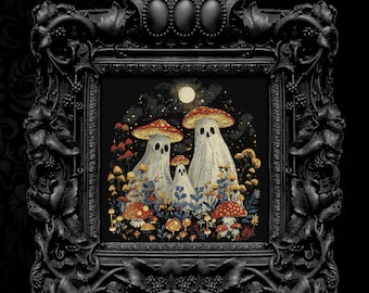 May include: A cross-stitch embroidery design featuring three white ghosts in a forest of glowing mushrooms under a full moon. The design is set against a dark blue background with white stars.