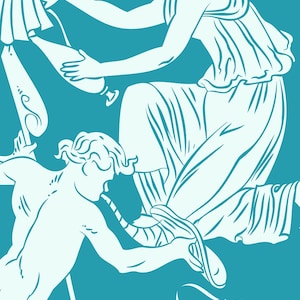 Puede incluir: Un panel de tela color verde azulado con una ilustraci&oacute;n gr&aacute;fica blanca de figuras cl&aacute;sicas con vestimenta griega. El texto dice The Odyssey A Mystery Stitch-A-Long. El dise&ntilde;o incluye una figura alada, una persona sentada con un recipiente.
