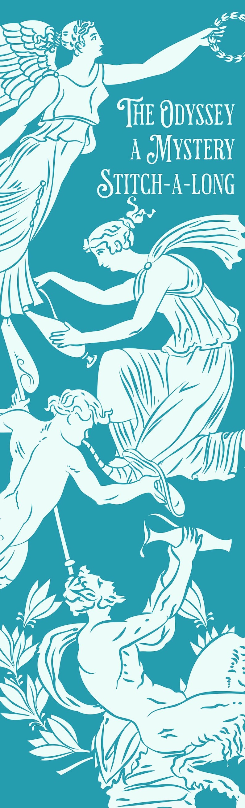 Puede incluir: Un panel de tela color verde azulado con una ilustraci&oacute;n gr&aacute;fica blanca de figuras cl&aacute;sicas con vestimenta griega. El texto dice The Odyssey A Mystery Stitch-A-Long. El dise&ntilde;o incluye una figura alada, una persona sentada con un recipiente.