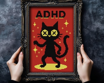 Patrón de punto de cruz de gato con TDAH, decoración divertida de bruja (patrón en PDF)