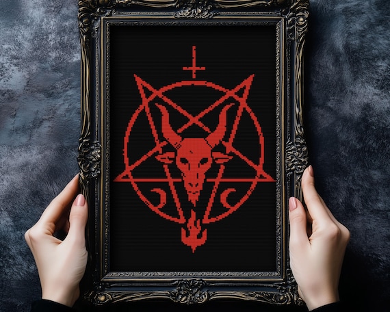 Baphomet Pentagram Cross Stitch Pattern, Gothic Satanic Design