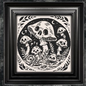 May include: Black and white illustration of a skull-shaped mushroom with other skull-shaped mushrooms surrounding it. The mushrooms are in a dark forest setting with leaves and vines.