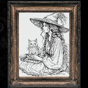 Woodcut Witch With Spell Book and Cat Cross Stitch Pattern Gift for Halloween Horror Woodcut Modern Creepy Spooky Gothic Witchy
