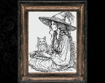 Woodcut Witch Cross Stitch Pattern: Spell Book & Cat (Digital Download)