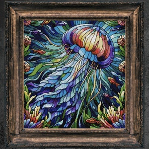 May include: A stained glass style illustration of a jellyfish with blue, purple, and yellow tentacles. The jellyfish is surrounded by green and red seaweed and small orange fish.