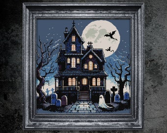 May include: A pixelated illustration of a spooky, dark, haunted house with a full moon in the background. The house has a porch, a front door, and windows with glowing lights. There are trees and a graveyard with tombstones in front of the house. A ghost is floating in front of the house.