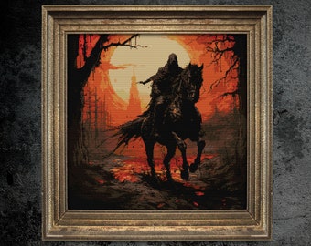 May include: A black and white pixel art image of a hooded figure riding a horse through a fiery landscape. The figure is silhouetted against a large, orange sun.
