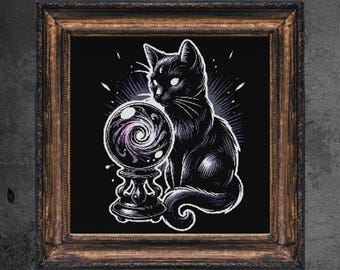 Black Cat Crystal Ball Cross Stitch Pattern, Gothic Halloween (PDF Pattern)