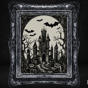 Count Dracula&#39;s Castle Cross Stitch Pattern Gift for Halloween Horror Bats Witchcraft Creepy Spooky Gothic Dark Instant Download