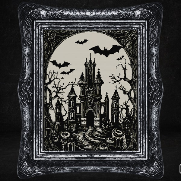 Count Dracula's Castle Cross Stitch Pattern Gift for Halloween Horror Bats Witchcraft Creepy Spooky Gothic Dark Instant Download