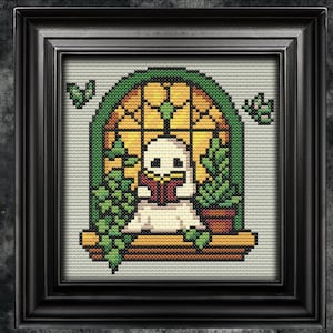 Wzór krzyżykowy Bookworm Ghost Halloween Goth Snarky Funny Modern Whimsical Cute Cozy Ghost Easy Mini Beginner Xstitch Instant Download