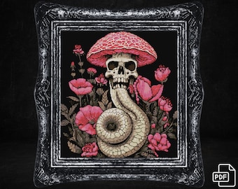 Mushroom Skull Cross Stitch Pattern, Goth Horror Design (Digital PDF)