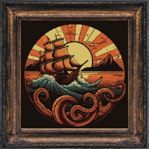 May include: A vintage-style illustration of a ship sailing into a sunset with an octopus's tentacles wrapping around the ship. The scene is rendered in a pixelated style, reminiscent of cross-stitch embroidery.