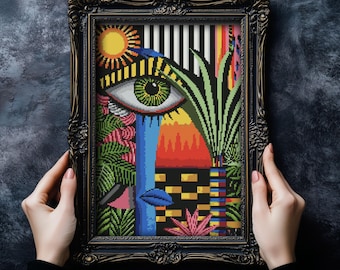 Psychedelic Secret Garden Cross Stitch Pattern Trippy Hippie Art Abstract Retro Surreal Modern Colorful Cosmic Xstitch PDF Instant Download