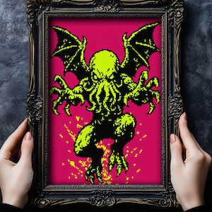 Cthulhu Rising Cross Stitch Pattern Halloween Decor Glow In The Dark Monster Kraken Scary Modern Gothic xStitch Horror Lovers Neon Pattern