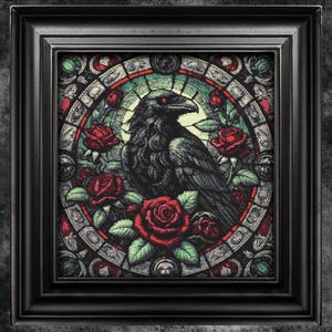 Stained Glass Raven And Roses Cross Stitch Pattern Halloween Horror Sacred Occult Witchcraft Creepy Instant Download