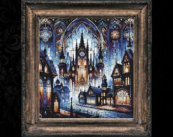 May include: A stained glass window depicting a cityscape with a large cathedral in the centre. The window is framed in a dark wood frame.