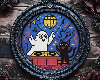 Patrón de punto de cruz para fiesta de fantasmas: DJ gato negro sarcástico (patrón en PDF)
