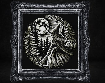Patrón de punto de cruz de bruja xilográfica - Diseño gótico de Halloween (Patrón PDF)