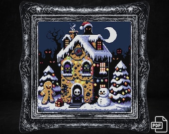 May include: A gingerbread house with a spooky Christmas theme. The house is decorated with candy canes, lights, and a skull. There are gingerbread men and a snowman outside the house. The house is surrounded by trees and a crescent moon.